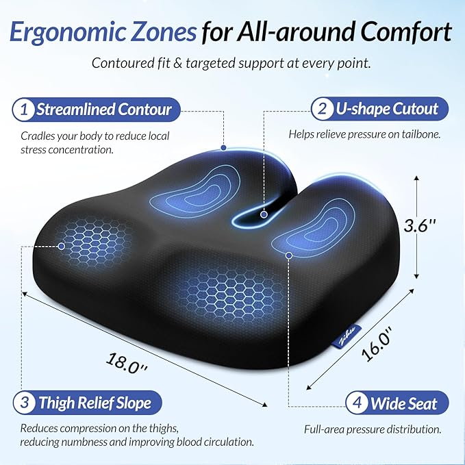 ZIKEE Ergonomic Seat Cushion with Thigh Relief Slope, High-Density Memory Foam Office Chair Cushions with U-Shaped Back for Tailbone, Sciatica Pain Relief, Suitable for Car Seat, Airplane, Bleacher