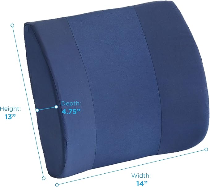 nova Lumbar Back Support Cushion – Contoured High-Density Foam Back Pillow for Office Chair, Car, Plane & Wheelchair – Adjustable Strap, Removable Washable Cover, Navy Blue (14” x 13”)