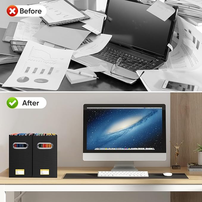 BALEINE File Organizer Box, Cardboard File Folder Organizer with Handle for Letter Size, Portable Collapsible Hanging Filing Box for Home Office Document Storage (8 Pack, Black)