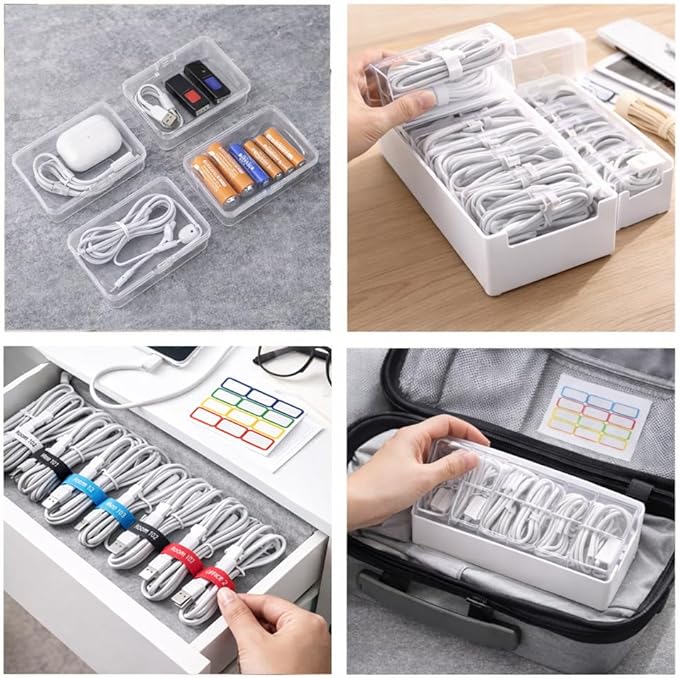 KUGUA 2 Pack Cable Organizer Box Set with 7 and 11 Clear Cases for Charging Cables, Chargers, Earphones and Small Accessories, Includes Cable Ties and Labels for Home, Desk and Drawer
