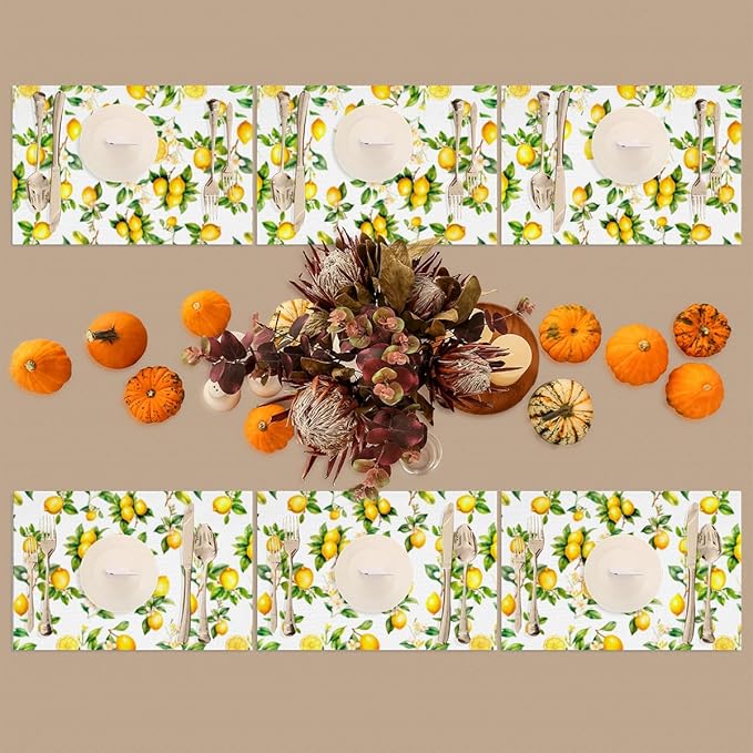 Placemats Set of 4 Heat-Resistant Rectangle Place Mats Tropical Lemon Washable Plastic PVC Dining Table Mat Non-Slip Wipeable Woven Vinyl Placemat for Kitchen Patio Table Decor