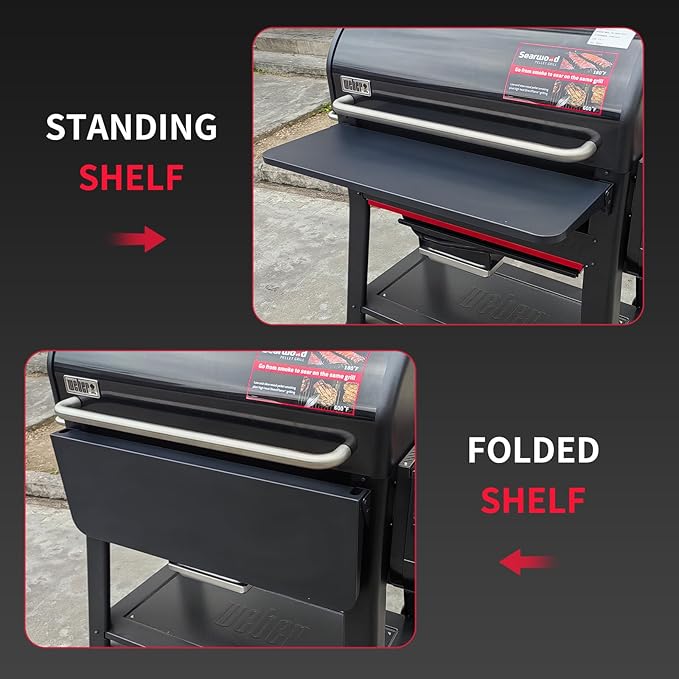 Utheer Folding Front Shelf for Weber Searwood 600 XL Pellet Grill, 35" x 12.5" Heavy-Duty Steel BBQ Prep Table, 60 LB Load, Space-Saving Front Grill Shelf, Heavy-Duty Weber Searwood XL 600 Accessories