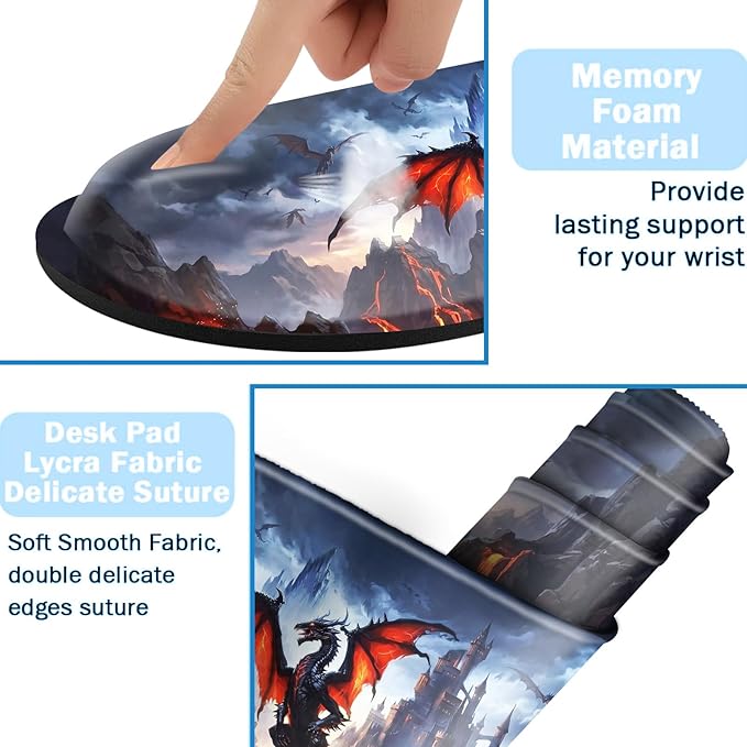Ergonomic Mouse Pad Set with Wrist Support for Keyboard and Wrist Rest for Mouse, Memory Foam Comfort, Non-Slip Large Desk Mat for Home Office Pain Relief,Magic Dragon Castle