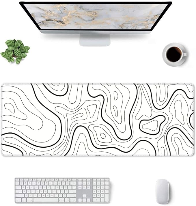 XL Topographic Map Large Gaming Mouse Pad, Long Extended Full Mouse Mat Desk Pad for Top Keyboard Table, Aesthetic Cute Big Stitched Mousepad Gifts for Women Office Decor(White, 31.5 * 11.8 in)