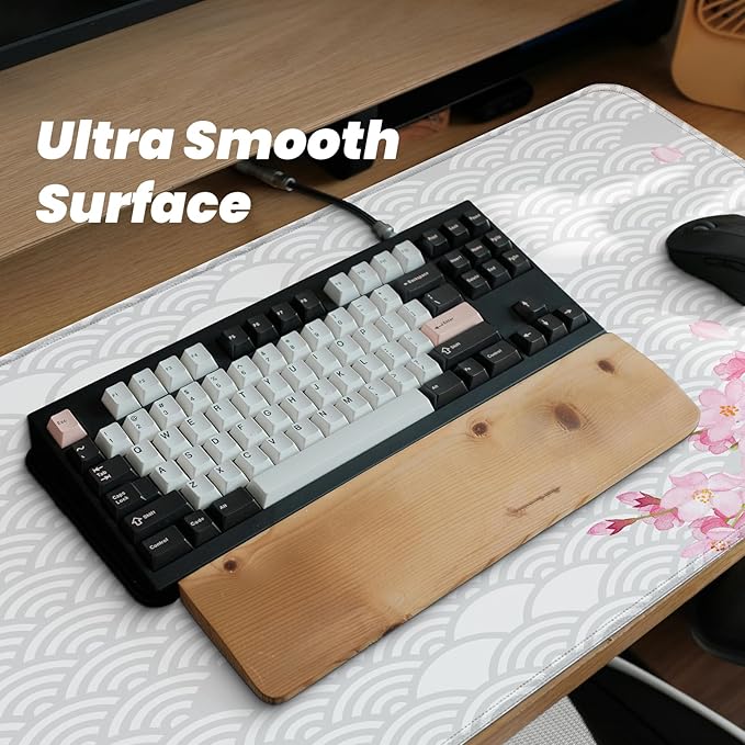Gaming Mouse Pad with Anti-Slip Rubber Base, Extended Large Computer Mouse Mat with Stitched Edges, Long XL Anime Mousepad for Laptop and Keyboard, 31.5 x 11.8 inch (Grey Cherry Blossom)
