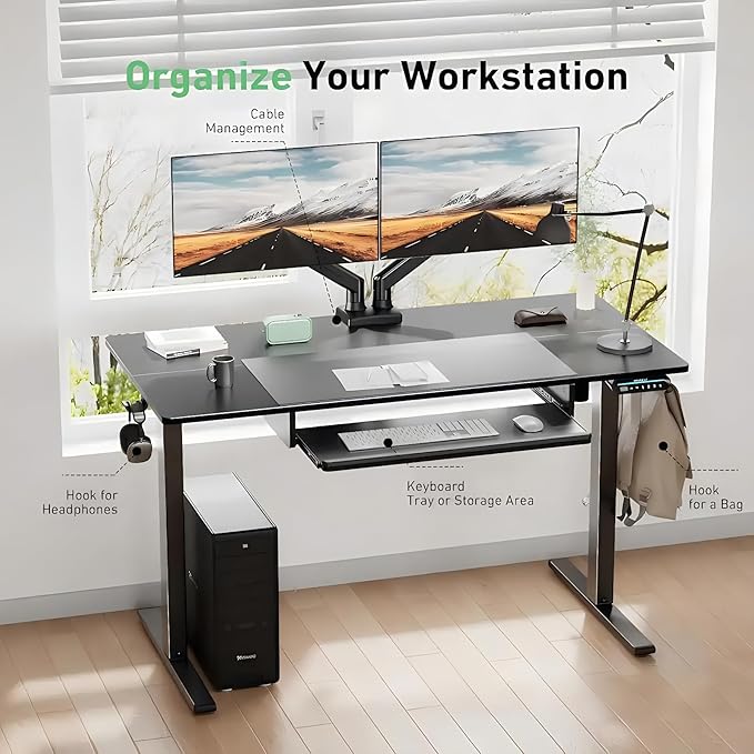 HUANUO Standing Desk Adjustable Height, 48" x 24" Electric Stand Up Desk for Home Office with Large Keyboard Tray(26.7"), 4 Memory Height Setting, Computer Workstation, Black