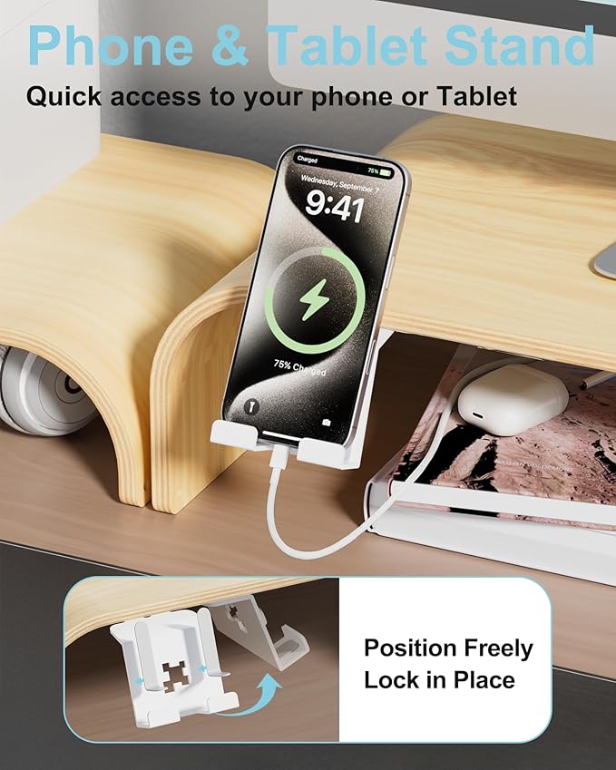 Wood Dual Monitor Stand Riser, 2-Tier Computer Monitor Riser with Phone Holder, Desktop Organizer Shelf for 2 Monitors, Laptop & Printer, No Assembly, Max Load 110lbs, One-Piece Curved Design