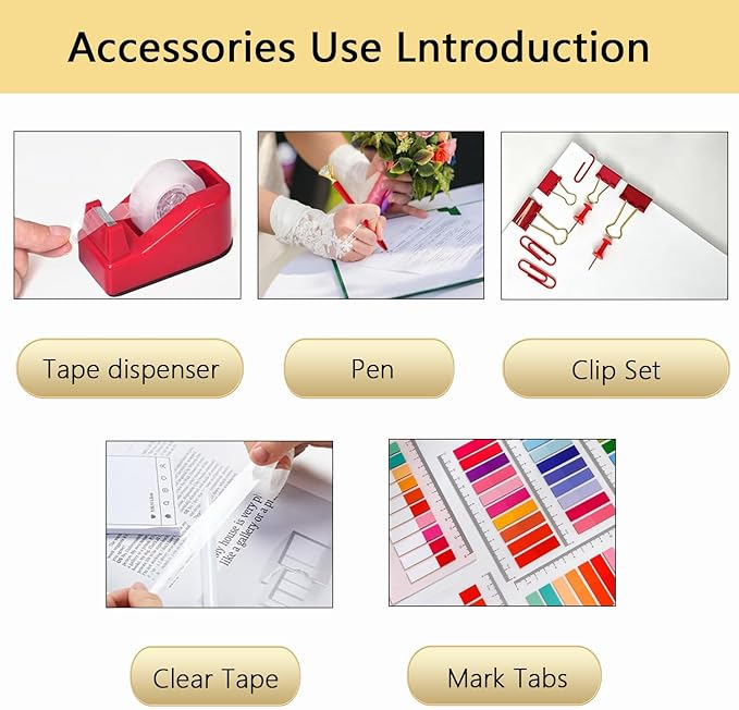 Office Supplies,Red Desk Accessories,Office Supplies Set,Desk Organizer,Stapler,Tape Dispenser,Scissors,Staple Remover,Binder Clips,Staples,Ballpoint Pen,Index Tabs with Ruler,Clear Tape.10pcs
