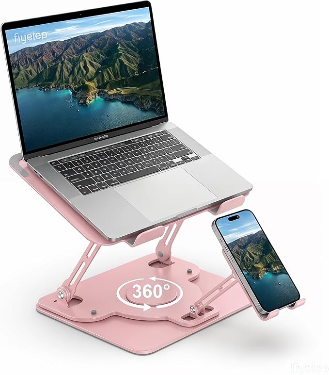 Laptop Stand for Desk,Adjustable Computer Stand with 360° Rotating Base,2-in-1 Laptop Stands with Phone Holder,Ergonomic Laptop Riser for Collaborative Work,fits for All 10-16" Laptops (Pink)