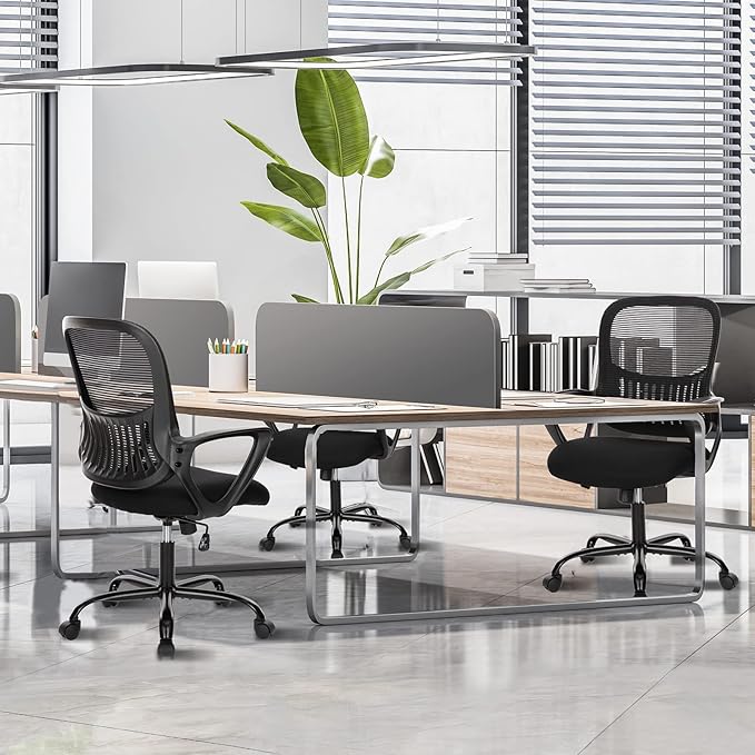 DUMOS Home Office Desk Chair - Ergonomic Mid Back with Lumbar Support & Rocking Mode, Height Adjustable with Fixed Armrest, for Conference, Computer, Meeting Room, 360° Swivel, Adults, Adults, Black
