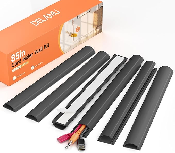 Delamu 85in Adhesive Cord Hider Wall, Mounted TV Cord Cover Kit, Multiple Cable Raceways for Wall Corner, Wire Cover Hiders for 2-3 Cables, 1.57" W X 0.59" H, Black