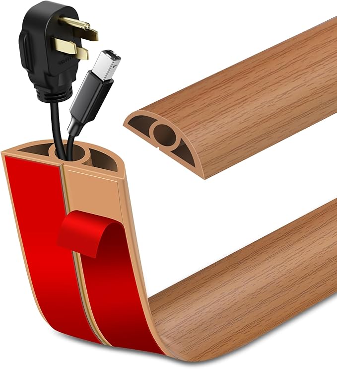 Floor Cord Cover Self Adhesive Cord Hider Floor Extension Cord Covers for Floor Power Cord Protector Cable Management Prevent Cable Trips Cable Cavity 0.32" W x 0.32" H (Light Brown Wood, 3.3Ft)