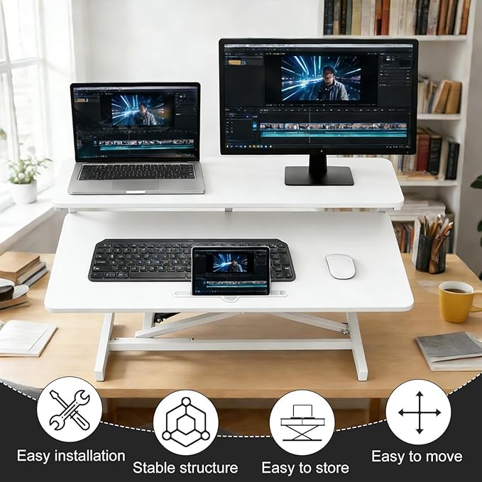 Ergonomic Desk Riser for Standing Height Adjustable Standing Desk Converter 10.2-24.8" 33 Lbs Capacity U-Shapeds Top & Keyboard Tray for Home Office White