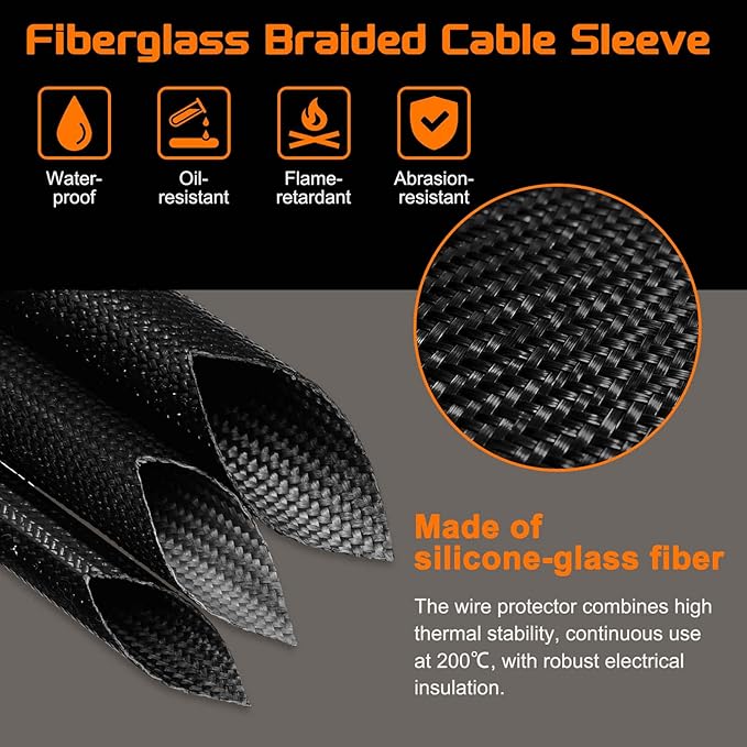 MECCANIXITY 49ft Braided Cable Sleeve, 1/4" ID 200C Heat Resistant 1500V Fiberglass Wire Insulation Cord Protector Organizer Wires Management for Motor Engine Fuel Line, Black