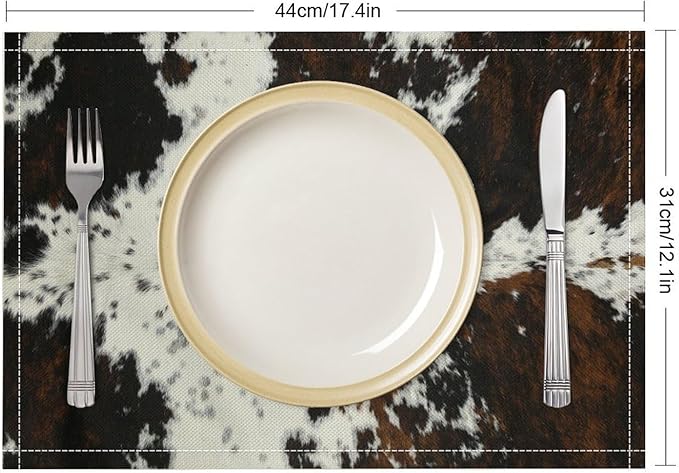 Cow Fur Placemats Farmhouse Western Farm Animal Skin Brow and White Cowhide Print Linen Washable Table Mats Stain Heat-Resistant Desktop Decor Place Mats for Home Kitchen Dining Party 12x18 in 6 Pcs