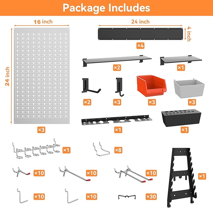 WALMANN 113 PCS Pegboard Wall Tool Organizer Kit with Pegboard Hooks, Bins, Pegboard Tools Storage System for Garage, Modular Peg Board, Tools Organizer Board with Hooks(Grey)