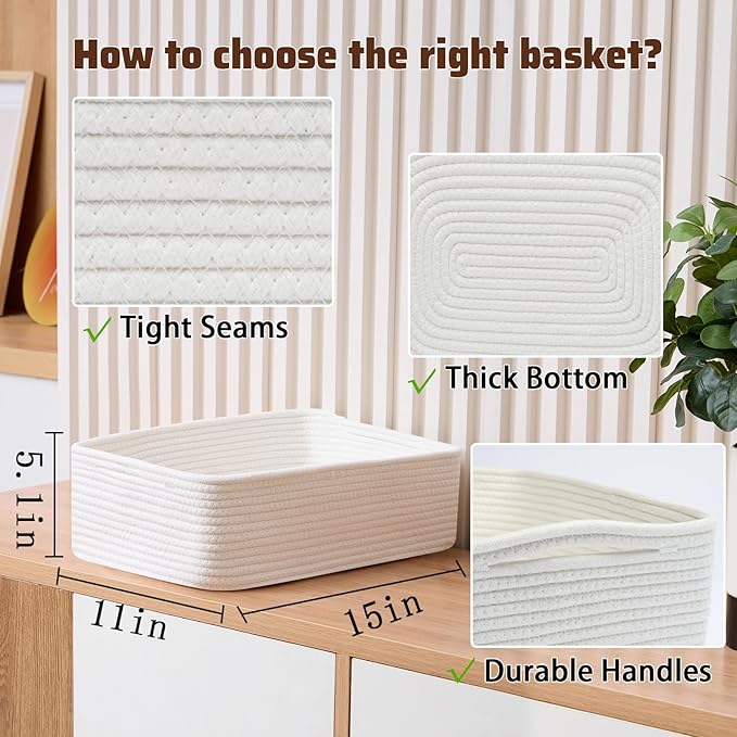 MiniArk Large Shallow Organizing Baskets 15x11x5.1 Inches - Rope Woven Storage Bins for Bathroom, Shelves, Cube Closet, Off White 3 Packs