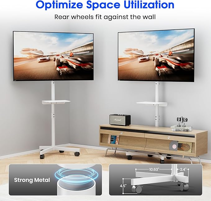 Mobile TV Stand for 23-60 Inch LCD LED OLED Flat Panel Curved Screen TVs up to 88 lbs, Tilt and Height Adjustable, Locking Rolling Wheels TV Cart with Shelf, Max VESA 400x400mm, White
