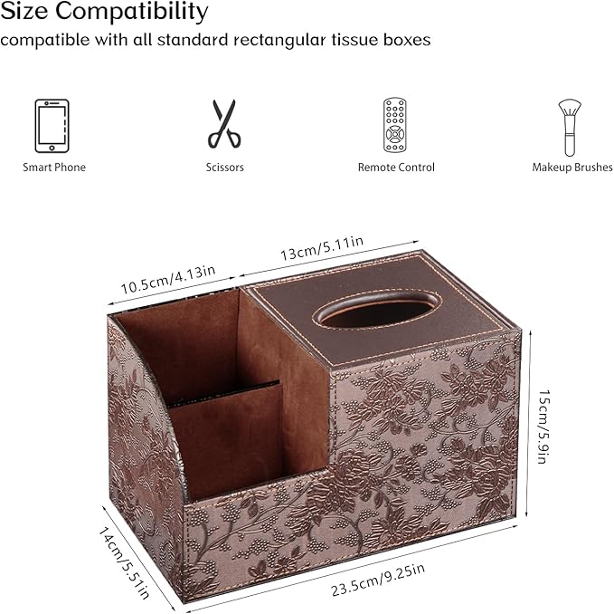 Square Tissue Box Cover with Storage, PU Leather Cube Tissue Box Holder, Remote Control Nightstand Organizer, Modern Desk Caddy for End Table, Bathroom, Bedroom, Home, Office Decor