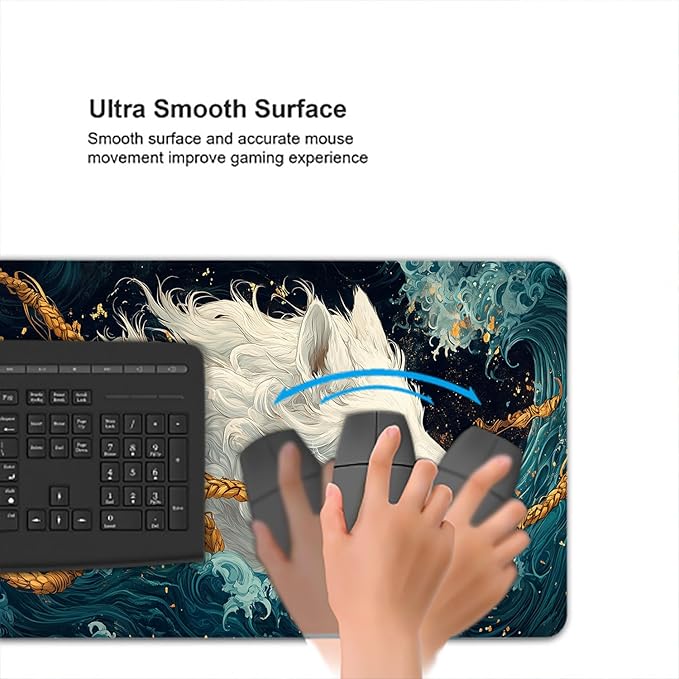 Japanese Mythology Gaming Mouse Pad Anime White Wolf Waves Fantasy Extended Gaming Mouse Pad Mat with Stitched Edge Non-Slip Base Big Size 31.5"x11.8" Office Computer Keyboard Laptop Home