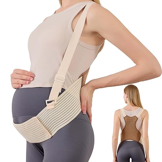 Maternity Belly Band with Back Support – Over-the-Shoulder Pregnancy Support Belt with Lumbar Support, Breathable Mesh Design, Strong Adjustable Hook & Loop Straps, No Digging Comfort for All-Day Wear (Beige-Pro, X-Large（187LB+）)