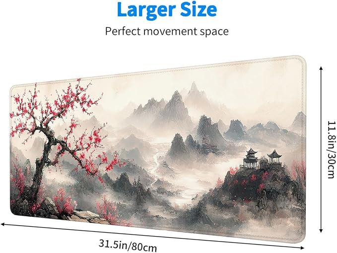 Ink Painting Large Mouse Pad Plum Bossom Mountain Mousepad XL Large Gaming Mouse Pad Laptop Keyboard Mat Desk Pad Fits Home Desk, Office Table, or Study Room 31.5x11.8 Inch