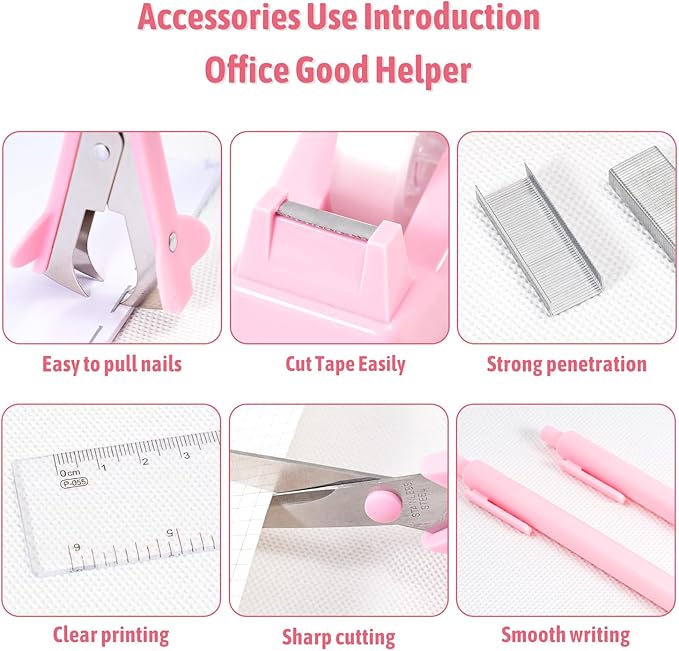 Pink Desk Accessories 12Pcs Set, Cute Office Supplies Decor for Women, 360° Rotating Pen Holder Organizer with Stapler, Tape Dispenser, Staple Remover, Staples, Tape, Clips Set, Ruler, Scissor, Pen