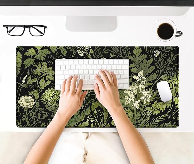 Floral Desk Mat Green Leaves Plant Desk Pad Matt for Desktop Large Gaming Mousepad XXL Full Desk Mouse Pad Computer Keyboard Mat Deskmat Aesthetic Office Desk Decor 31.5 X 15.7 Inch