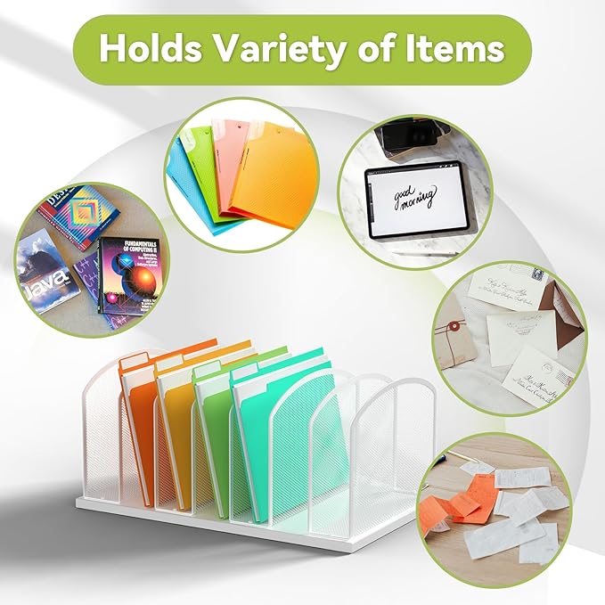 MINDEPOT Desk File Organizer Vertical 7 Sections Mesh File Sorter Paper Storage Organizer for Desk, Office Organization File Holder Rack, White