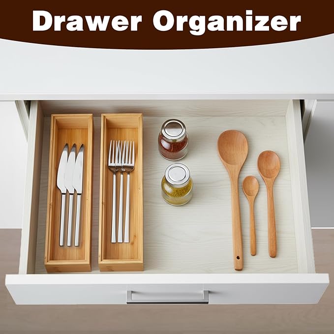 MAQUITA 4 Pack Kitchen Drawer Organizer, Small Silverware Drawer Organizer, Bamboo Utensil Organizer for Bathroom, Dressing Room, Office, Pantry (Natural, 12" x 3" x 2")