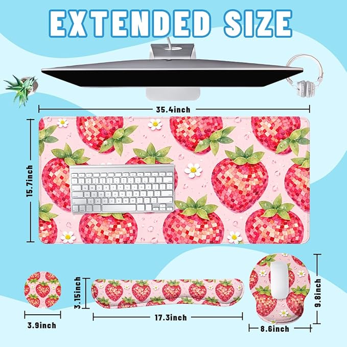 Strawberry Disco Desk Mat Set Fruit Pink Checkered Cute Large Mouse Pad with Wrist Rest 4in1 Desk Mat for Desktop Ergonomic Computer Desk Arm Wrist Anti-Slip Computer Mouse Pad Home Office Gaming