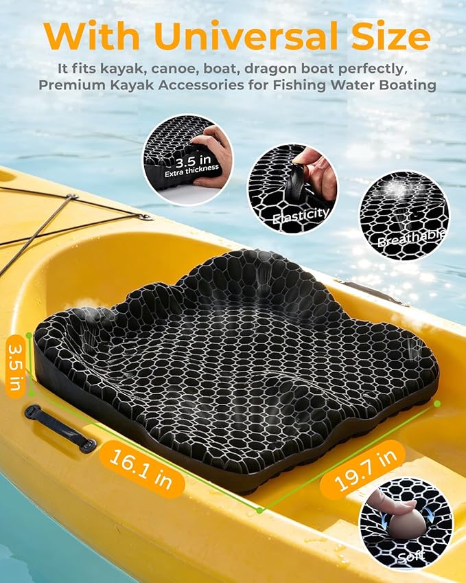 Premium Gel Kayak Seat Cushion, Thickened Non-Slip Waterproof Seat Pad, Breathable Universal Fit for Canoe Fishing Boat, Portable Washable Kayak Accessories, with Safety Travel Flag - Blue