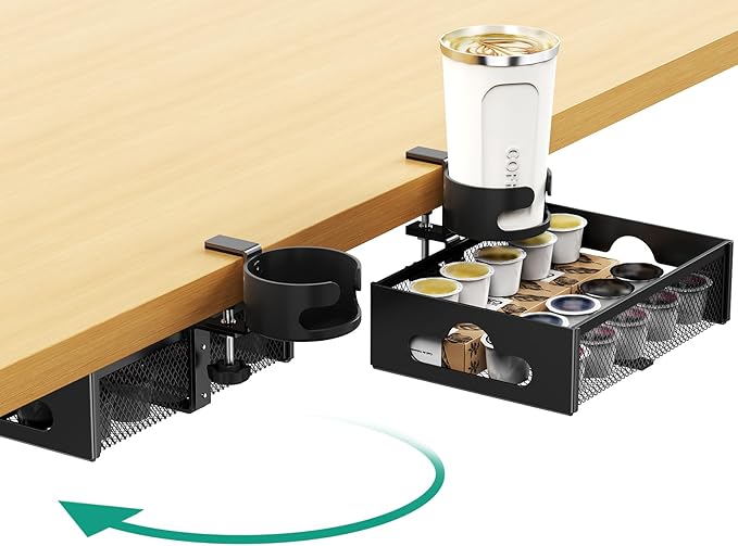 CABTE Desk Cup Holder with Drawer Organizer, Anti-Spill Clip-On Table Cup Hook with 360° Rotation Hidden Storage Box for Office Home Gaming Table (Black)