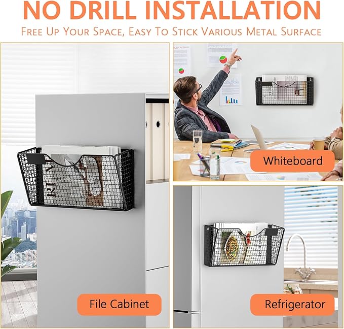 MFTEK Magnetic File Holder, 1 Pockets Magnetic File Folder Holder No Drilling Magnet Paper Mail Organizer Magazine Basket, Hanging Wall Storage Rack for Fridge Cabinets Office Classroom