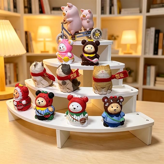 2PCS Tier Corner Shelf Display Riser for Figurines – Curved Wooden Display Shelf for Mini Figures, Collectibles, Space Saving Desktop Display Stand Organizer for Desk, Cabinet & Countertop (2)