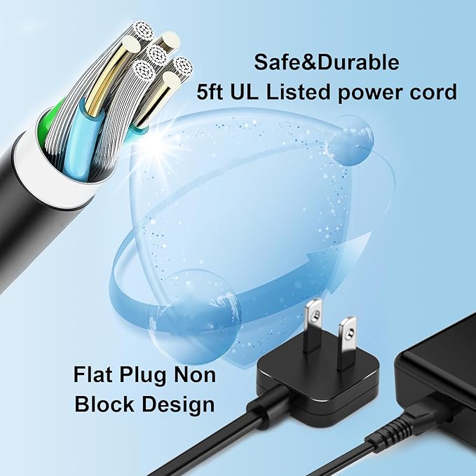AC Adapter Power Cord 5ft, Super Slim Flat Plug Non Block Design, Figure 8 Power Cable Replacement for Chargers, TV, Xbox, PlayStation Series, Power Supply for Small Electronic Gadgets