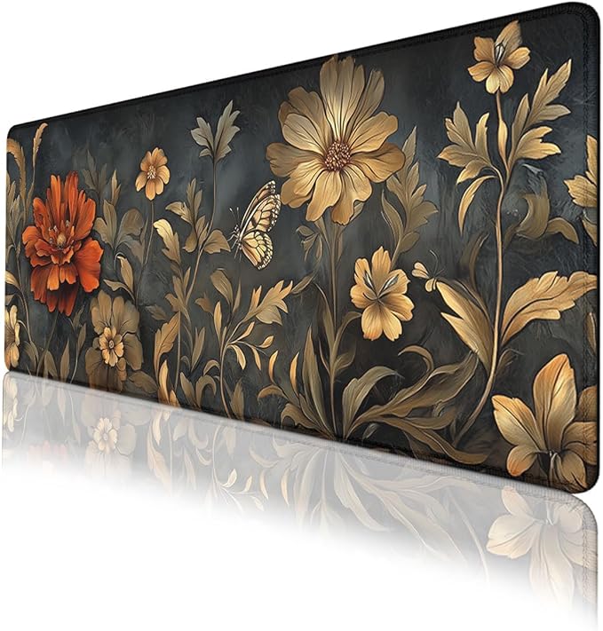 Vintage Floral Gaming Mouse Pad Dark Botanical Art Extended Gaming Mouse Pad Mat with Stitched Edge Non-Slip Base Office Computer Keyboard Laptop 31.5"x11.8"
