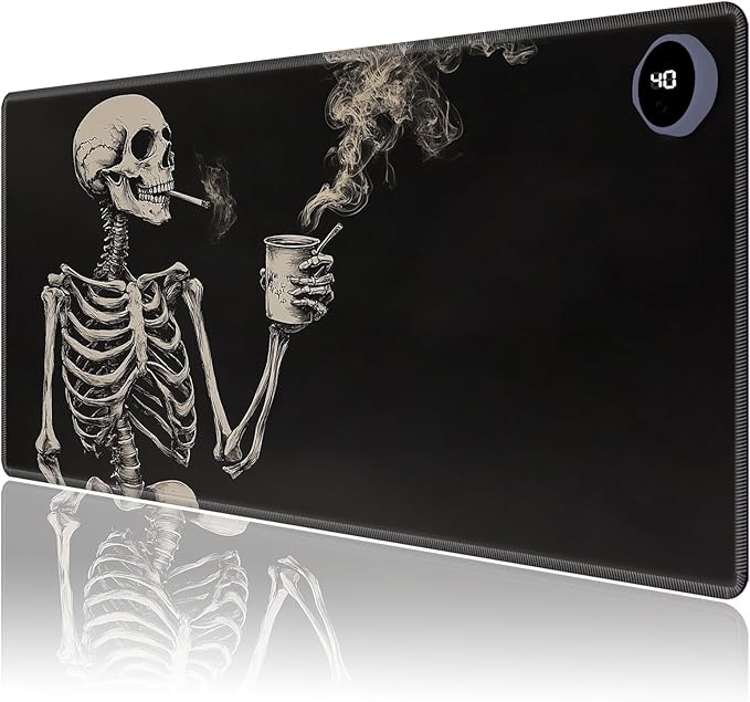 Heated Mouse Pad,Warm Desk Pad with 3 Levels Heating & 3 Hours Auto Shut-Off, PU Leather Heated Desk Pad Warmer Pad for Home Office - 31.5 x 13 inch,Skeleton Drinking Coffee