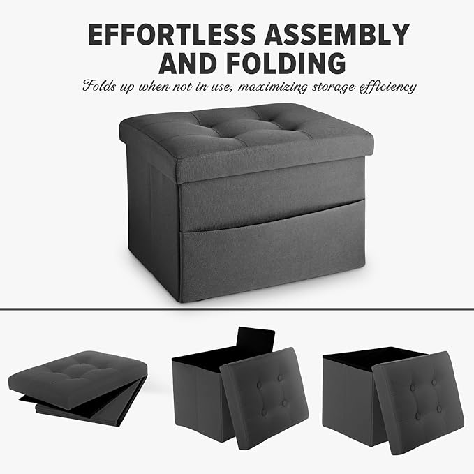 LINMAGCO Storage Ottoman Folding Foot Stool Foot Rest with Side Pocket Modern Ottoman with Storage Short Sofa Stool Linen Cloth 17x13x13(Dark Gray)