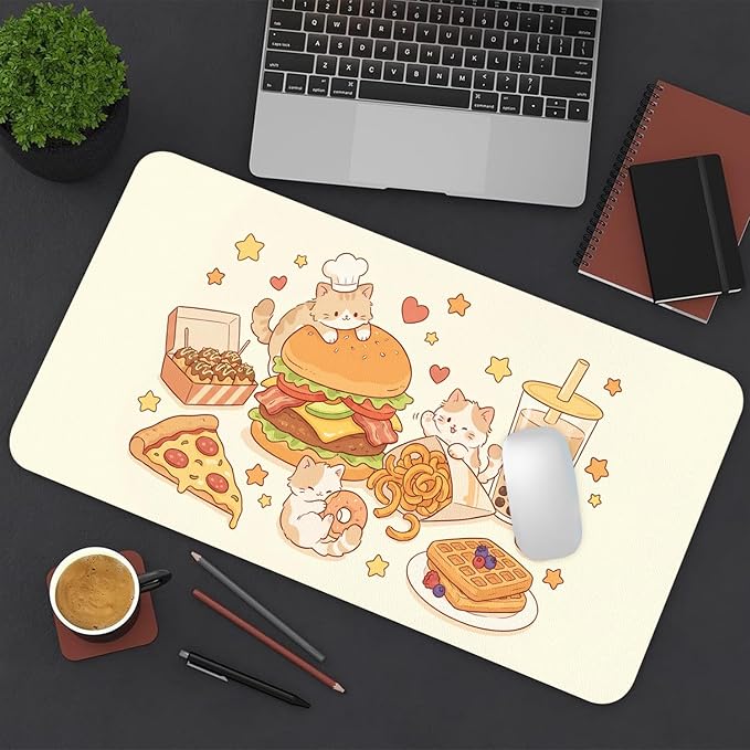 Cute Cat Desk Mat, Kawaii Hamburger Fries Large Mouse Pad for Desktop, PU Leather Waterproof Desk Pad, Anti-Slip Computer PC Laptop Protector Gaming Mouse Pads for Office Home Decorations