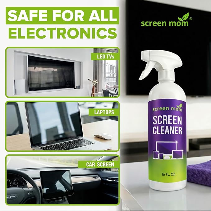 Screen Mom Screen Cleaner Spray and Microfiber Cloth 16oz Screen Cleaner Spray and Wipe for TV, Laptop, Computer, Phone, iPad, Car Screen Cleaning Kit Electronic Cleaner Spray