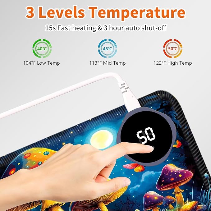 Heated Mouse Pad,Warm Desk Pad with 3 Levels Heating & 3 Hours Auto Shut-Off, PU Leather Heated Desk Pad Warmer Pad for Home Office - 31.5 x 13 inch,Beautiful Mushrooms
