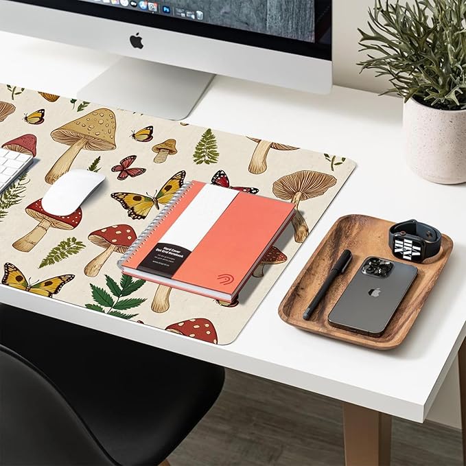 Desk Mat Large Mouse Pad, Non-Slip PU Leather Gaming Mousepad Keyboard Mouse Mats Desk Pads 23.6"x11.8" for Work Office Decor Gifts Beige Mushroom