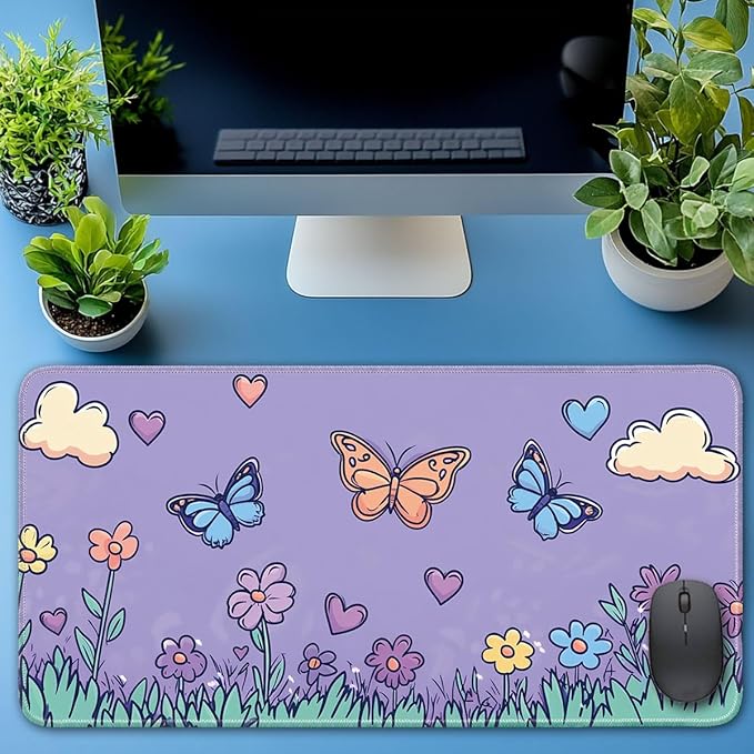 Desk Pad Protector, Office Desk Mat, Large Mouse Pad, Non-Slip Desk Blotter, 23.6x11.8 inch, Flower and Butterfly