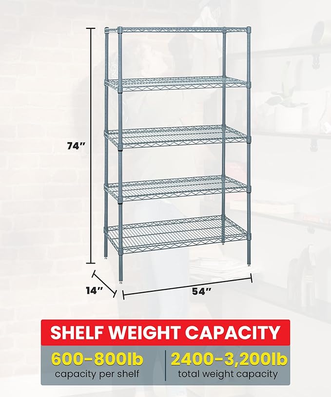 Quantum Storage Systems WR74-1454GY-5 Wire Shelving 5 Shelf Starter Units, 14" x 54" x 74", Gray Epoxy