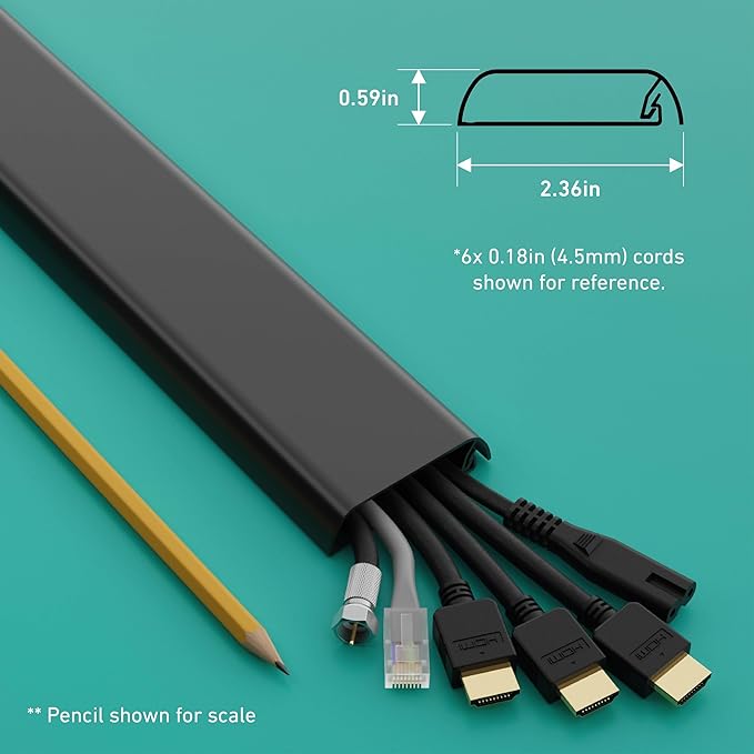 D-Line TV Wall Mount Cord Hider, Hide Mounted TV Cables, Wire Covers, Self Adhesive Cover for Cords, Paintable, Low Profile, Seamless Cable Raceway - 2.36in W x 0.59in H x 15.7in L - Black