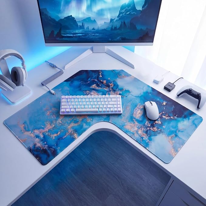 Relaxweex L Shaped Desk Mat for 90° Corner Desks, 26" x 26" Blue Waterproof Mouse Pad with 18" Inner Corner, Non-Slip Rubber Desk Protector for Office & Gaming