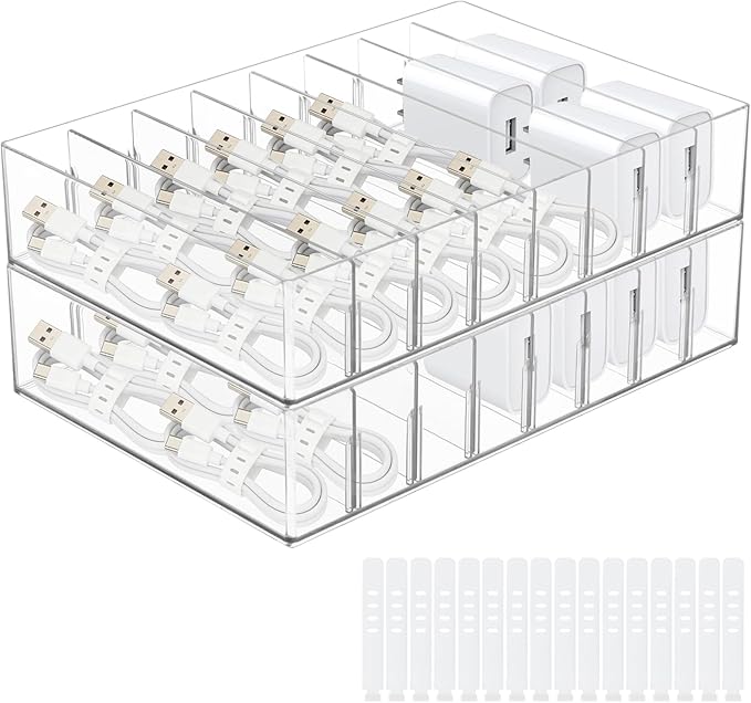 2Pcs Cable Charger Organizer Box with 16Pcs Wire Ties Large Plastic Cords Storage Organizer with Adjustable Compartments Electronics Organizer Stackable Cord Storage Box for Drawer Home Office, Clear