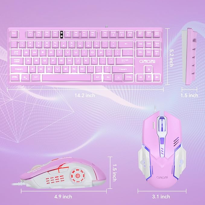 CHONCHOW LED Keyboard and Mouse Combo,Wired 87 Key Mechanical Feel Anti-ghosting Backlight Keyboard with Multimedia Keys for Windows, Mac Desktop/Laptop/PC (Purple)