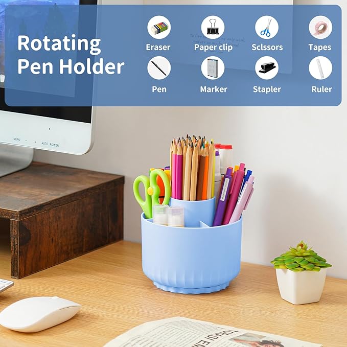 Marbrasse Desk Organizer, 360-Degree Rotating Pen Pencil Holder, Desk Organizers and Accessories with 5 Compartments Pencil Organizer, Art Supply Storage Box Caddy (Sapphire Blue)